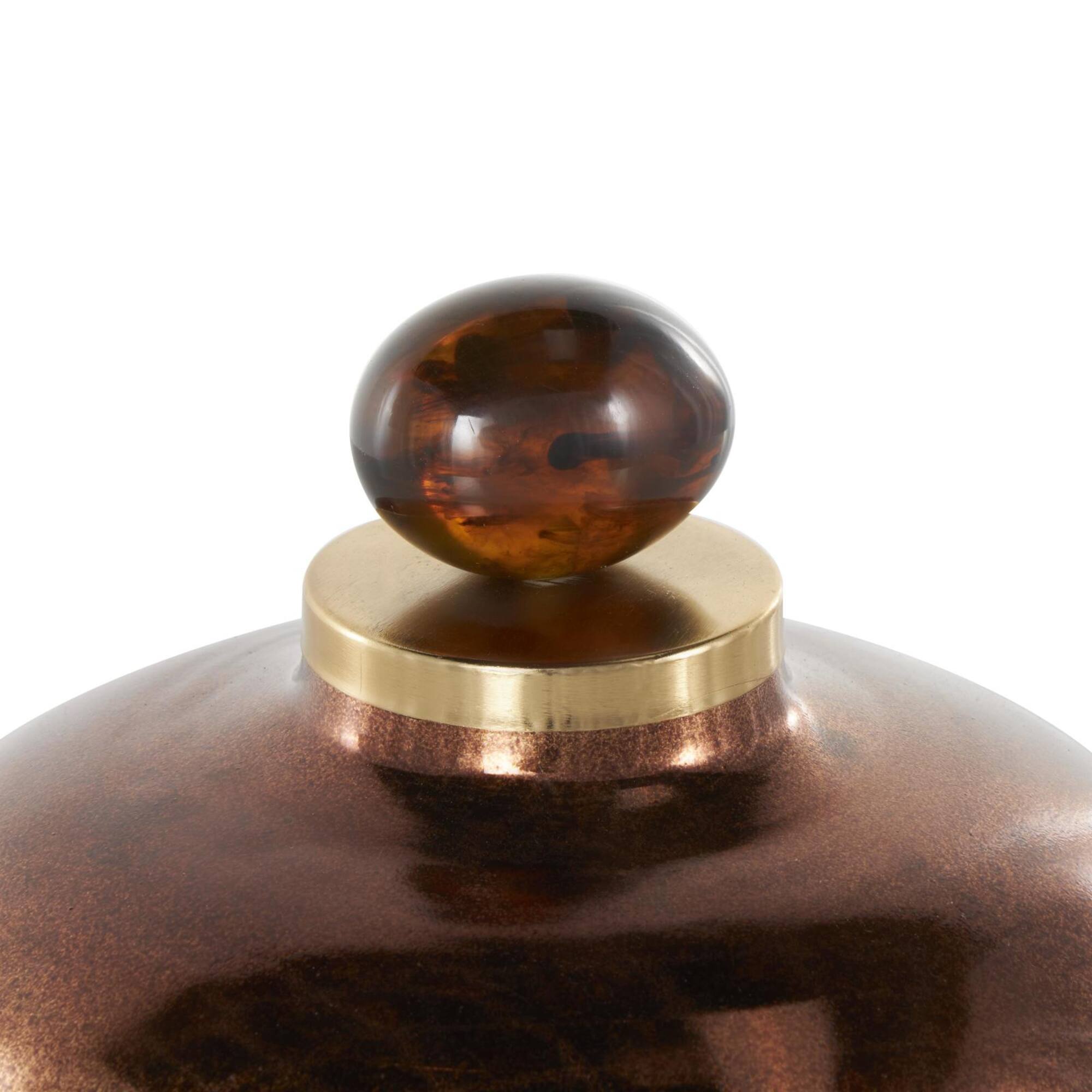 8.75" Beige, Gold & Copper Glass Wide Speckled Ombre Decorative Jar with Oval Top Knob